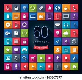 Set Of 60 Universal Flat Vector Icons With Long Shadows