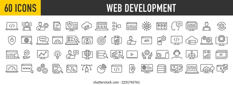 Conjunto de 60 iconos Web Development en estilo de línea. Programación, código, aplicación móvil, desarrollador, gestión, seo, digital, diseño web, marketing, analítica, colección. Ilustración vectorial.