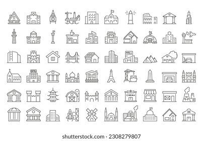 Set of 60 web icons Building in line style. Airport, Office, Hotel, Hospital, Insurance, town house, mall, coffee, . Vector illustration.