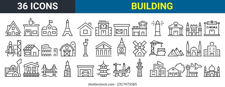 Conjunto de 60 iconos web Construir en estilo de línea. Aeropuerto, Oficina, Hotel, Hospital, Seguros, Localidad, Centro Comercial, Café, . Ilustración vectorial.