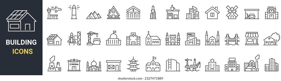 Set of 60 web icons Building in line style. Airport, Office, Hotel, Hospital, Insurance, town house, mall, coffee, . Vector illustration.