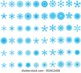 Set 60 white different snowflakes of handmade. Snowflake Flat. New Year's symbols. Snowflakes for design. Winter objects. Festive elements. Vector Art, Stock Vector