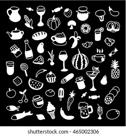 Set of 60 white icons of different types of cookware on black background. Vector illustration for your cute design.