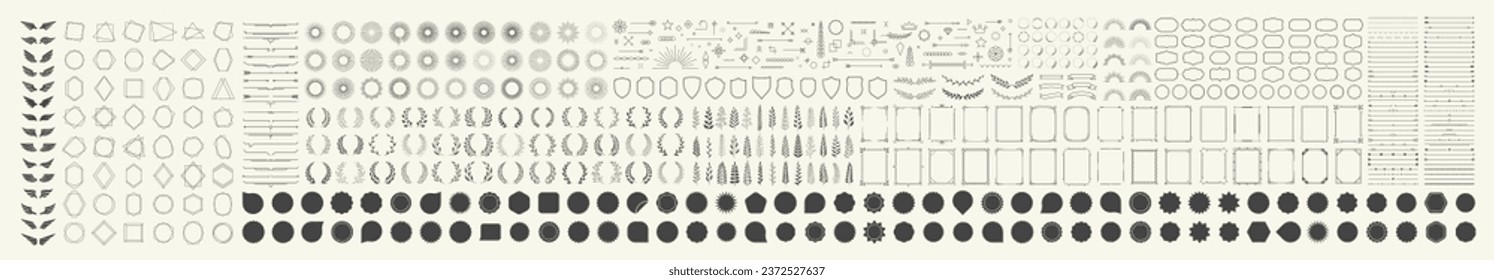 Set of 600 design elements. Wreath, frames, calligraphic, swirls divider, laurel leaves, ornate, award, arrows. Decorative vintage line elements collection. Vector illustration.