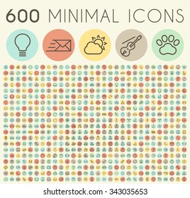 Set of 600 Solid Thin Line Colored Multimedia, SEO, Business, Ecology, Education, Shopping, Transport, Home Appliances, Medical, Fitness and Sport, Beach, Baby and Veterinary Icons. 