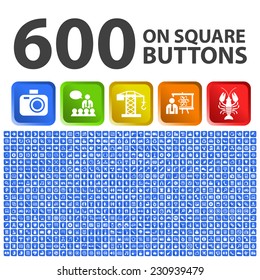 Set of 600 Standard Universal Quality Icons with Square Colored Buttons on White Background.
