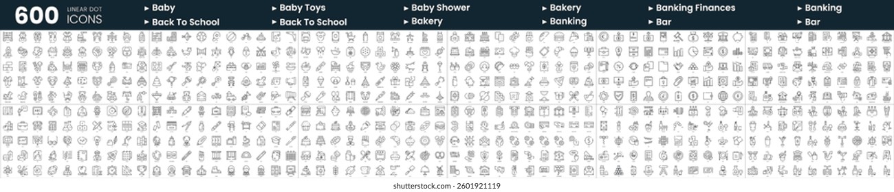 Set of 600 thin line icons. In this bundle include baby, baby toys, bakery, banking finances and more