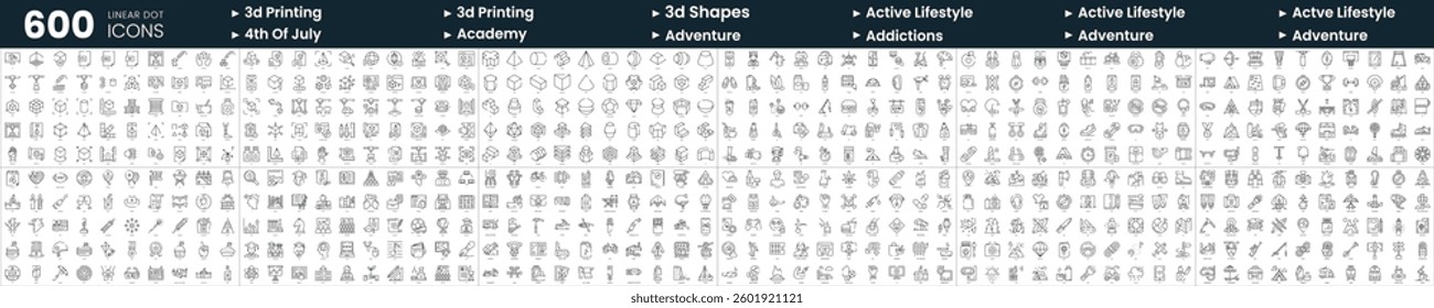 Set of 600 thin line icons. In this bundle include 3d printing, 4th of july, adventure, active lifestyle and more
