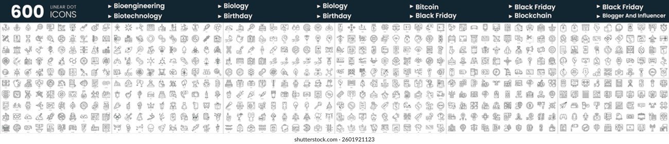 Set of 600 thin line icons. In this bundle include bioengineering, biotechnology, bitcoin, blockchain and more
