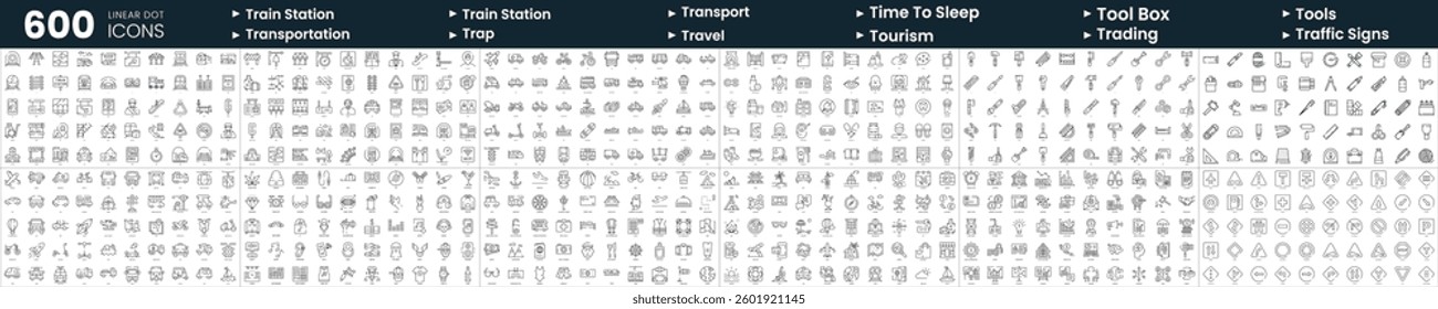 Set of 600 thin line icons. In this bundle include time to sleep, tools, trading, train station and more