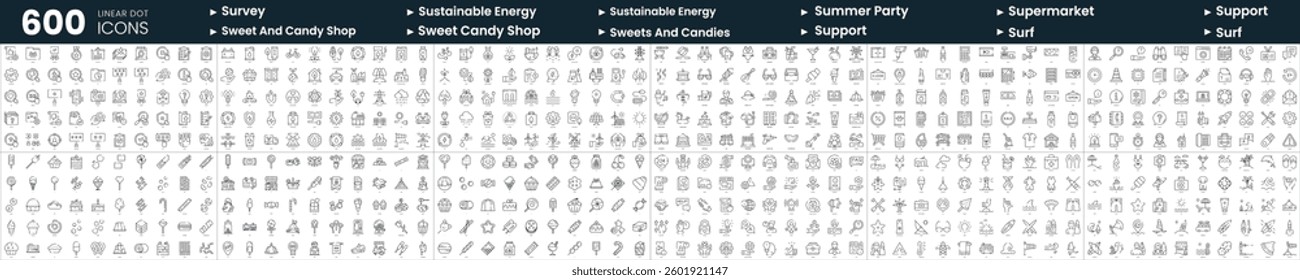 Set of 600 thin line icons. In this bundle include summer party, support, survey, sweet and candy shop and more