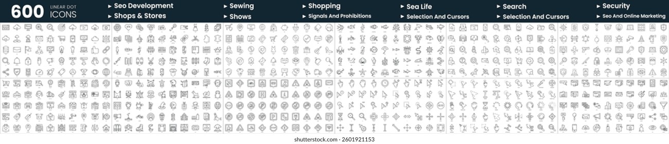 Set of 600 thin line icons. In this bundle include sea life, security, seo and online marketing, sewing and more