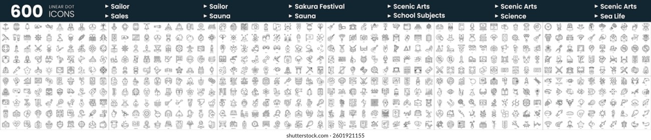 Set of 600 thin line icons. In this bundle include sailor, sales, scenic arts, science and more