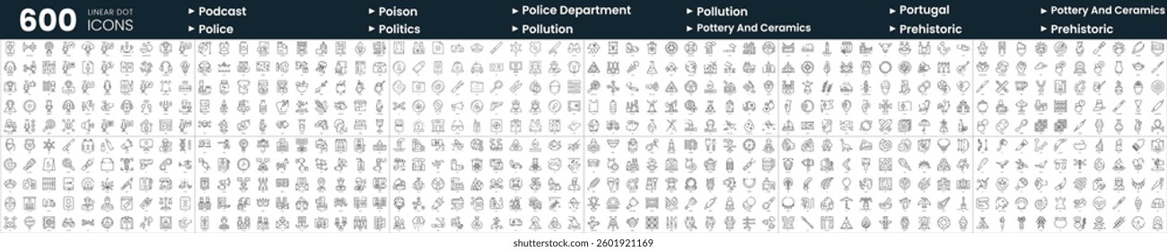 Set of 600 thin line icons. In this bundle include podcast, police department, politics, pollution and more
