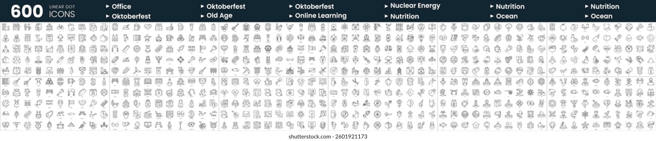 Set of 600 thin line icons. In this bundle include nuclear energy, ocean, oktoberfest, online learning and more