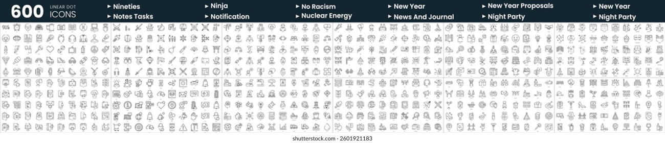 Set of 600 thin line icons. In this bundle include news and journal, new year proposals, nineties, no racism and more