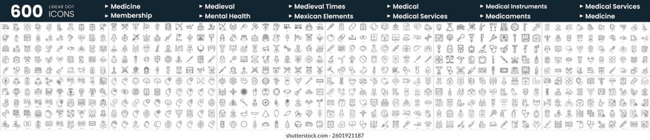 Set of 600 thin line icons. In this bundle include medical, medical services, medicine, medieval times and more