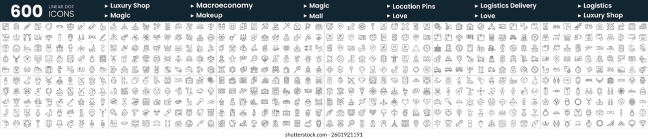 Set of 600 thin line icons. In this bundle include location pins, logistics, luxury shop, magic and more