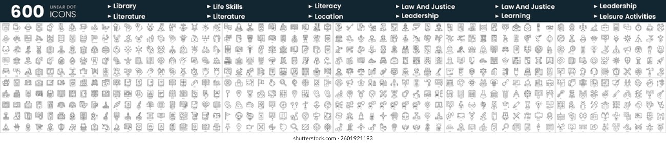 Set of 600 thin line icons. In this bundle include law and justice, learning, library, literacy and more