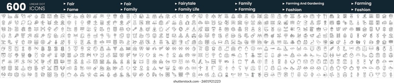 Set of 600 thin line icons. In this bundle include fair, fame, family life, farming and gardening and more