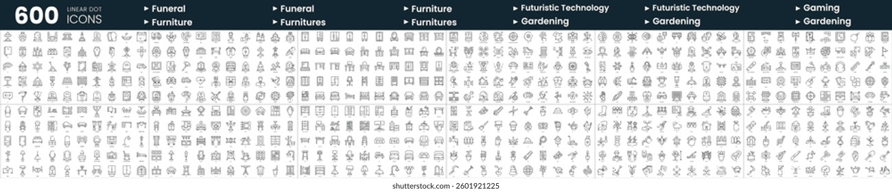 Set of 600 thin line icons. In this bundle include funeral, futuristic technology, gardening and more