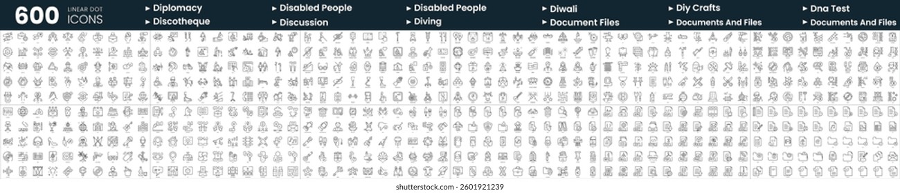 Set of 600 thin line icons. In this bundle include diplomacy, disabled people assistance, discussion, diwali and more