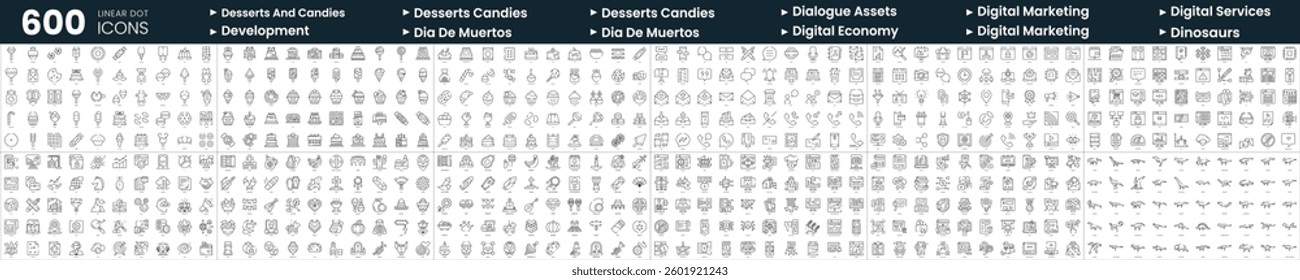 Set of 600 thin line icons. In this bundle include desserts and candies, dia de muertos, digital marketing, digital economy and more