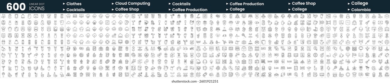 Set of 600 thin line icons. In this bundle include clothes, cocktails, coffee production, coffee shop and more