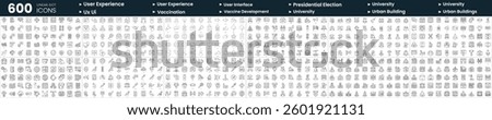 Set of 600 thin line icons. In this bundle include united states presidential election, urban building, user-interface, vaccination and more