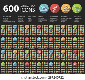 Set of 600 Universal Flat Minimalistic Elegant Standard Thin Line Icons on Circular Colored Buttons on Black Background.