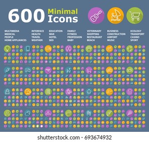 Set of 600 Universal Flat Minimalistic Elegant Standard Thin Line Icons on Circular Colored Buttons on Dark Background