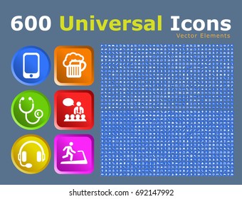 Set of 600 Universal Icons on Buttons . Isolated Vector Elements