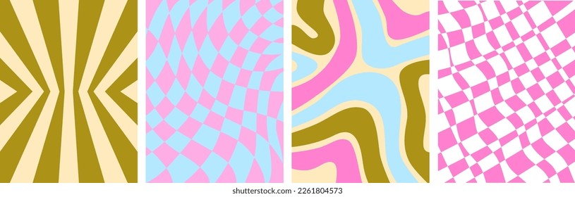 Set of 60s, 70s, 80s, 90s retro backgrounds. Poster and banner template. Chessboard, waves, swirls. Groovy hippie vibes. Wall art. Y2k.