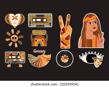 Set of 60s, 70s aesthetics stickers. Collection of hippie style elements.  Vector illustration 