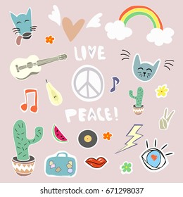 A set of 60-style elements with hippy attributes. Can be used as stickers or fashion patches