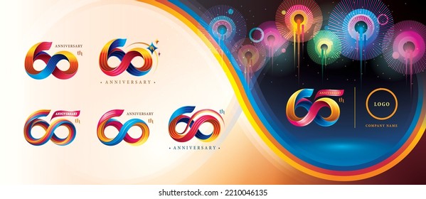 Conjunto de diseño de logotipo en color de 60 años, Logo de la celebración de 60 años. Resumen Giro infinito línea múltiple Colorido para el evento, invitación, 60, 60, sesenta años número de logotipo Infinity trenzado