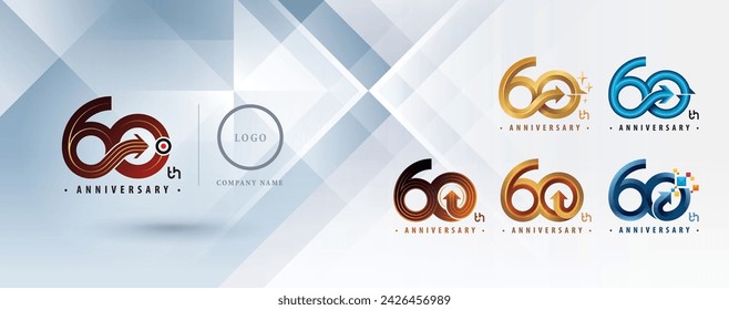 Conjunto de diseño de logotipo de 60 aniversario, sesenta años Celebrar el logotipo de aniversario de múltiples líneas para el evento de celebración, flecha de círculo abstracto, concepto de crecimiento al éxito, flecha curva derecha a objetivo, logotipo 60