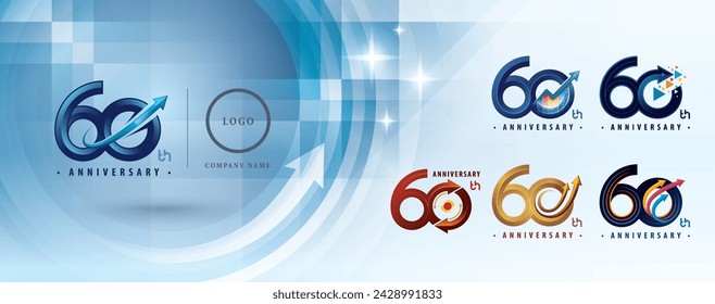 Set of 60th Anniversary logo design, Sixty years Anniversary Logo multiple line for celebration event, Abstract Logo 60 Circle Arrow, Graph Growth to Success Concept, Upward Curved Arrow Right to Top,