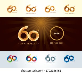 Set of 60th Anniversary logotype design, Sixty years celebration Anniversary Logo silver and golden, Origami stylized Number Letters, Twist Ribbons Logo for event, invitation, greeting, Fashion. Funny