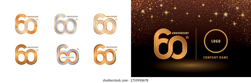 Set of 60th Anniversary logotype design, Sixty years anniversary celebration. Infinity Logo silver and golden for celebration event, invitation, greeting, web template, flyer and booklet