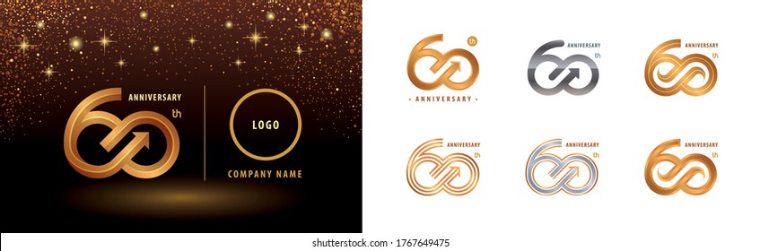 Set of 60th Anniversary logotype design, Sixty years anniversary celebration. Number 60  Logo silver and golden for celebration event, invitation, greeting, Arrow Infinity logo, template, flyer, book