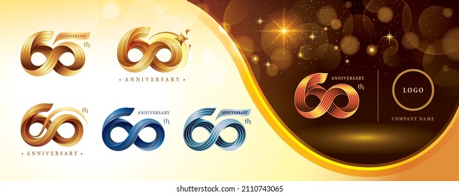 Conjunto de diseño del logotipo del 60º aniversario, Logo de la celebración del 60º aniversario. Twist Infinity dorado de múltiples líneas para eventos de celebración, invitación, saludo, logo de bucle infinito de 60 años,