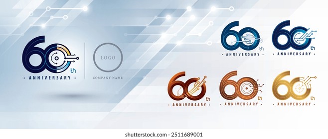 Conjunto de 60th Anniversary logotipo projeto, Sessenta anos comemorar aniversário logotipo para celebração, linhas conectadas abstratas e pontos placa de circuito, conexão de rede global, Tecnologia digital, Logo 60