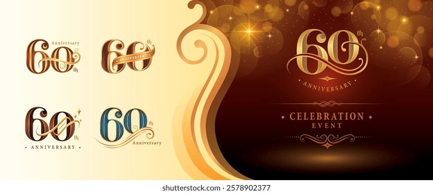 Set of 60th Anniversary logotype design, Sixty years Anniversary Logo, Elegant Classic Logo, Luxury Vintage and retro Serif Number 60, Celebrating Anniversary Logo for Congratulation event, invitation