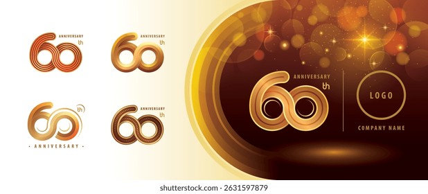 Set of 60th Anniversary logotype design, Sixty years Celebrating Logo set. Abstract Infinity Round number 60, Infinity loop logo, Gold Infinity multiple Rounded lines for celebration event, invitation