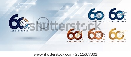 Set of 60th Anniversary logotype design, Sixty years Celebrate Anniversary Logo for celebration, Abstract Connected lines and dots Circuit Board, Global network connection, Digital technology, Logo 60