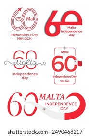 Fijado para el 60 aniversario del Día de la Independencia de Malta. Diferentes variaciones del Grande número rojo 60 con bandera maltesa. Ideal para logotipo, tarjeta, Sitio web, impresión, diseño, póster, redes sociales. Vector plano