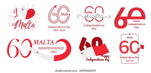 Fijado para el 60 aniversario del Día de la Independencia de Malta. Diferentes variaciones del Grande número rojo 60 con bandera maltesa. Ideal para logotipo, tarjeta, Sitio web, impresión, diseño, póster, redes sociales. Estilo plano