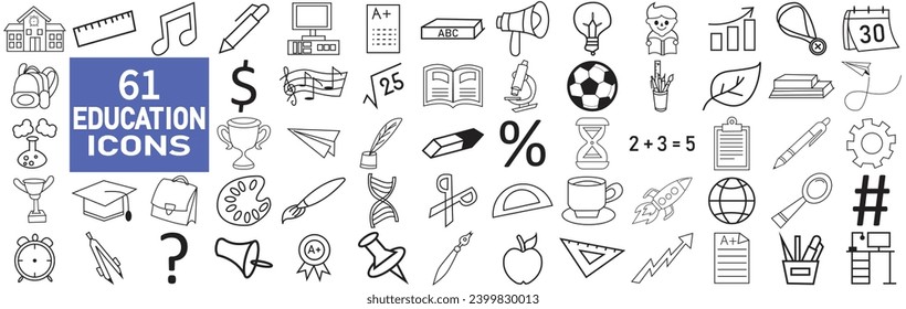 Set of 61 Education web icons in line style. Learning icons for web and mobile app. E-learning, video tutorial, knowledge, study, school, university, webinar, online education. 