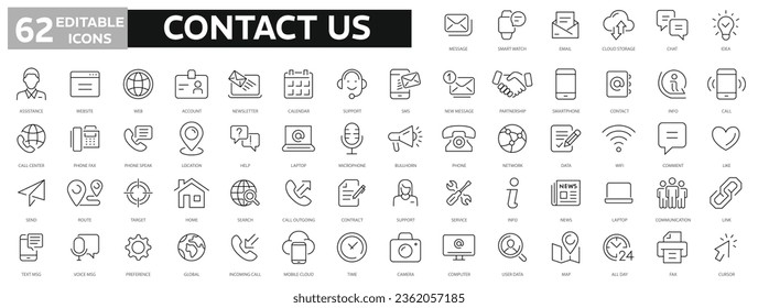 Set of 62 Contact Us web icons in line style. Web and mobile icon. Chat, support, message, phone. Vector illustration